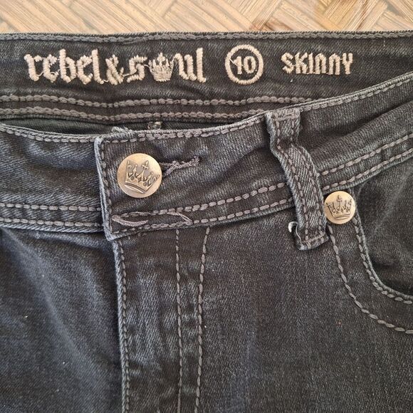 Rebel & Soul Embellished Skinny Jean Glitzy Wings Black Stretch Denim women's 10 - Picture 7 of 16